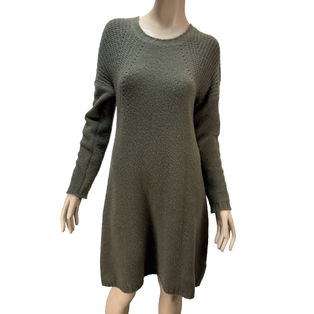 Garnet Hill Cashmere Sweater Dress Size M Moss Green Nubby Knit Crew Long Sleeve